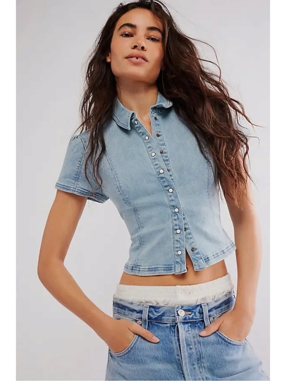 Free People Western Bohemian Pearl Snap Midnight Rider Denim Baby Shirt XS - Picture 11 of 12